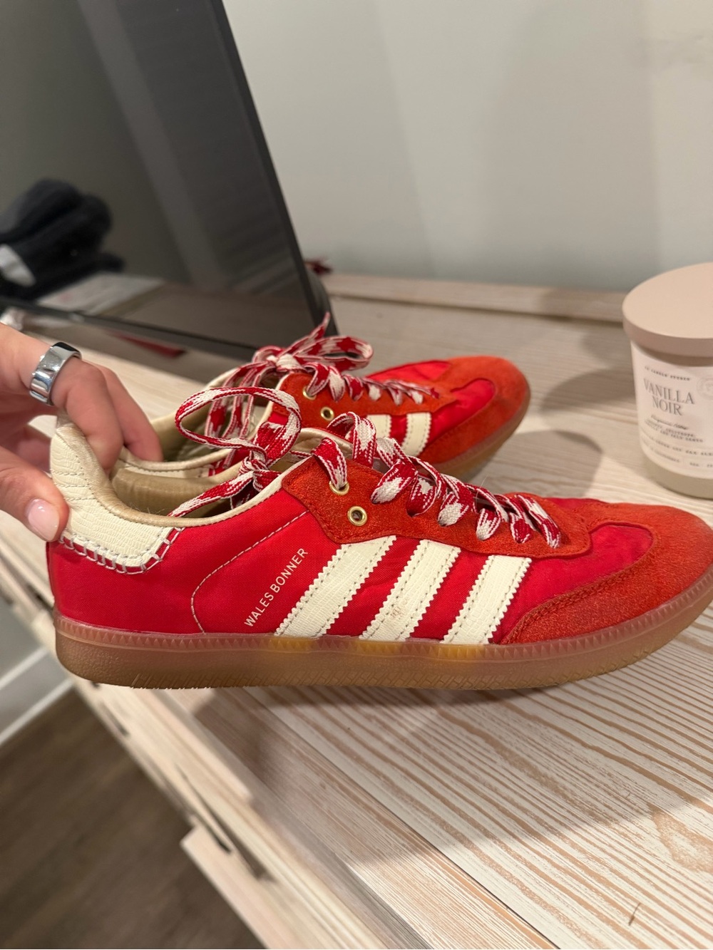 Wales Bonner Red and Cream Samba-Style Sneakers